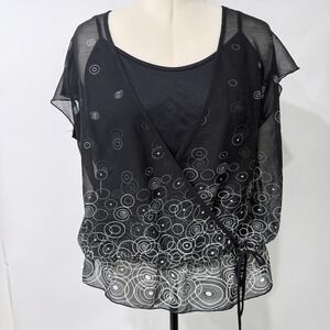 Studio 1940 Sheer Faux Wrap Top Size 18/20W Swirl Circle Print Work Evening